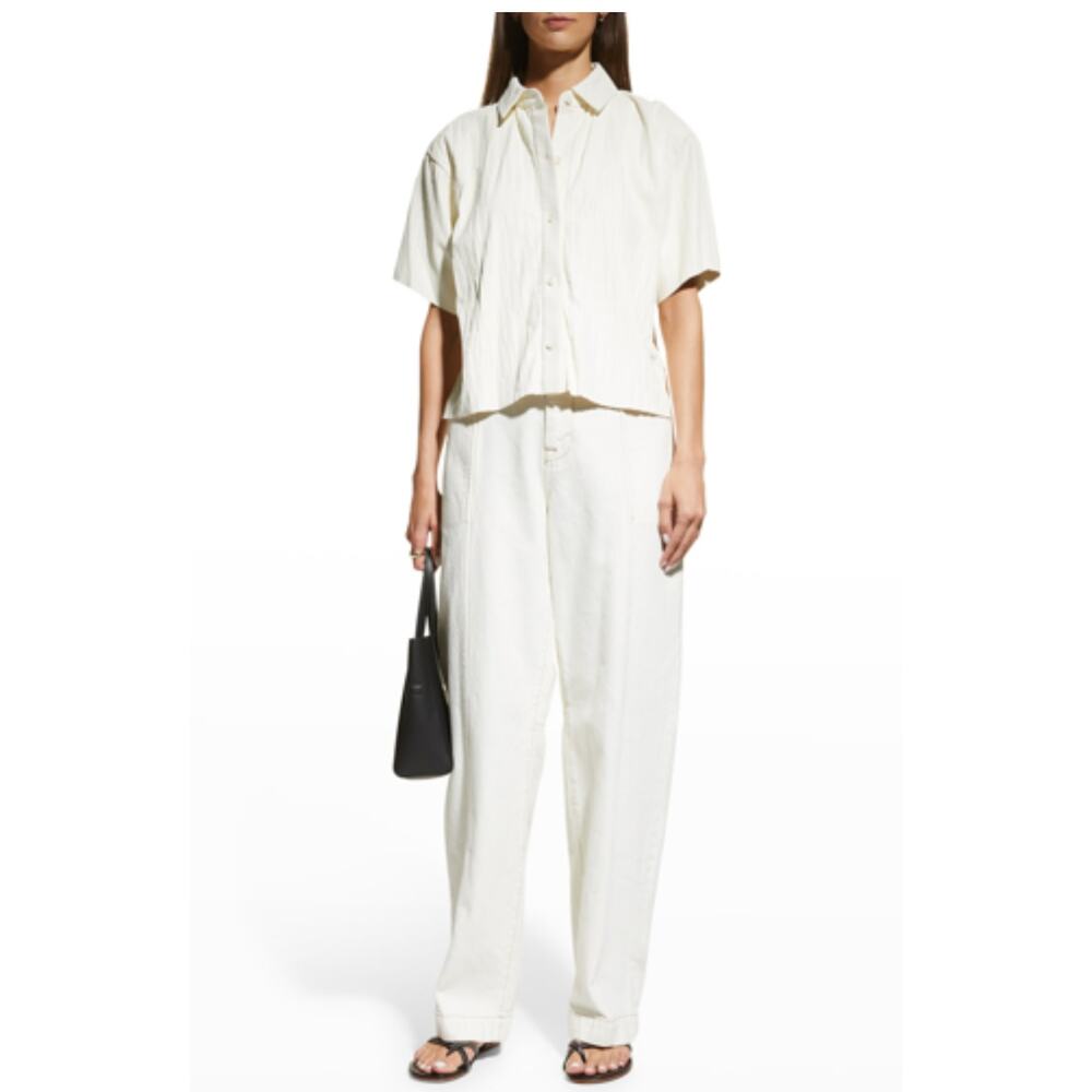 Frame Pleated Button-front Leather Shirt In Bone size M medium